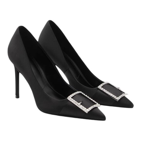 Mango Satin Pointed Toe Heel Pump with Buckle Black Size 37/ 6.5 - Picture 3 of 13